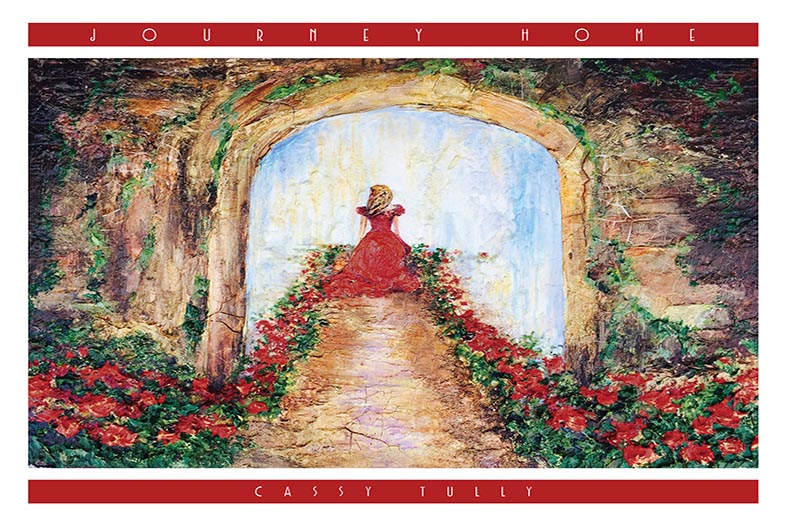 Image of a painting that Boneck replicated onto canvas. The paining is a girl in a red dress surrounded by flowers